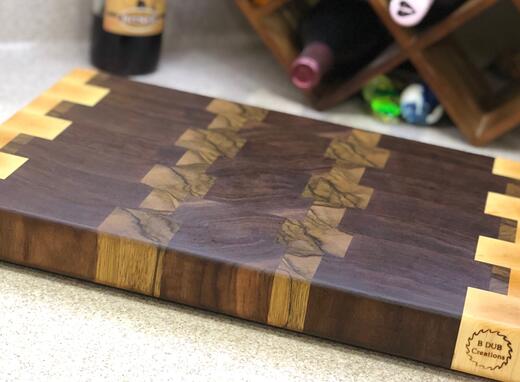 Maple, walnut, and black limba end grain cutting board